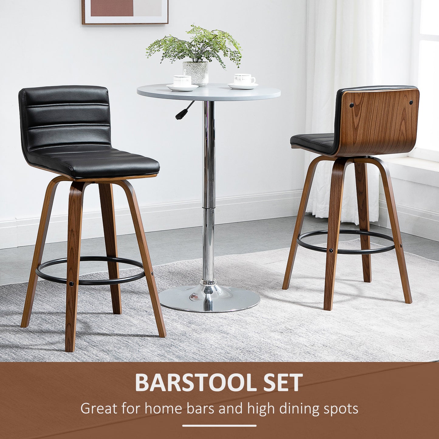 Swivel Bar Stools Set of 2, Upholstered Bar Height Stools, Bar Chairs with Soft Padding Seat and Wood Legs, Black