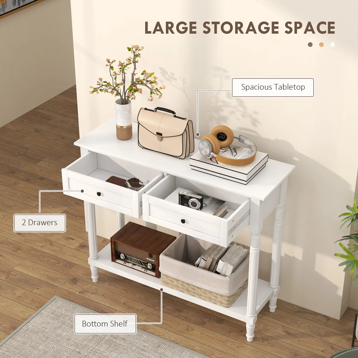 Modern Entryway Table with 2 Drawers, Storage Shelf and Turned Legs in white