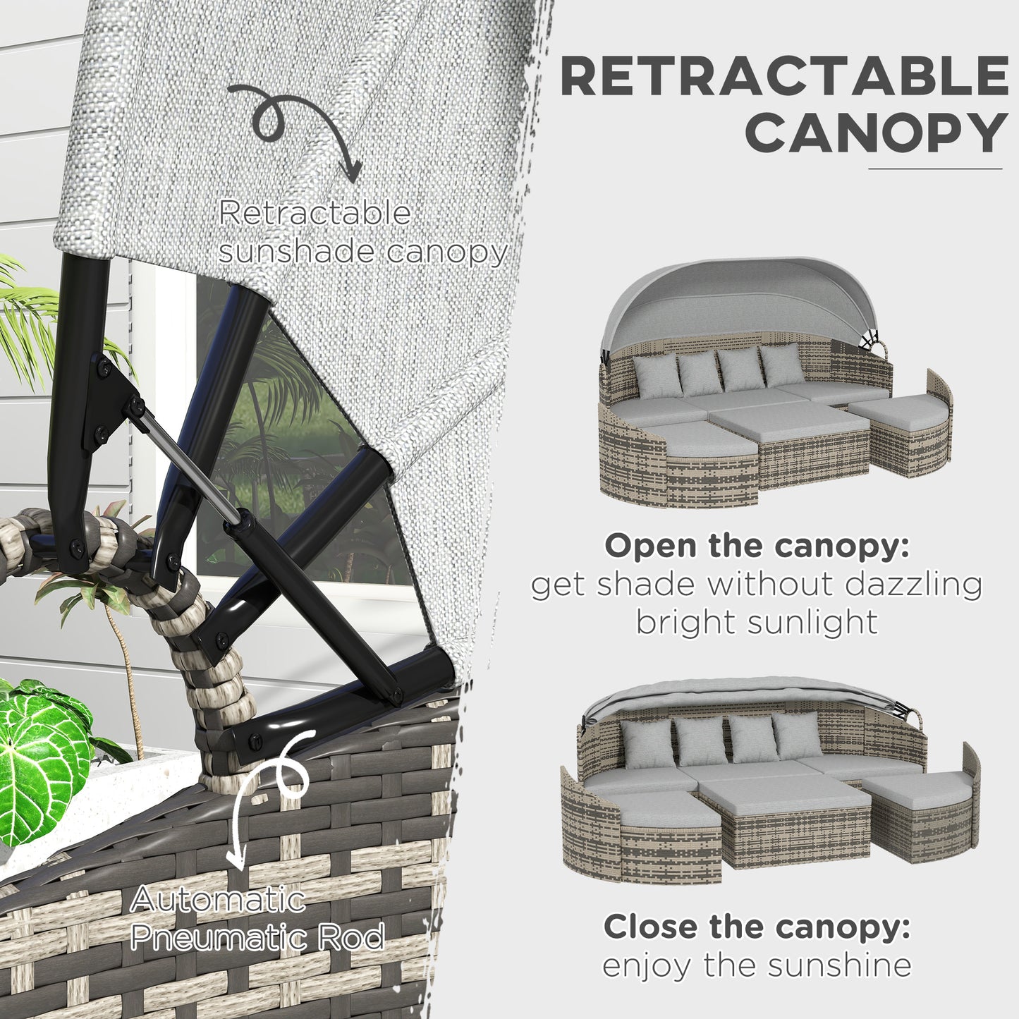 4 Pieces Patio PE Wicker Round Daybed, Outdoor Rattan Garden Lounge Furniture Sets, Light Grey