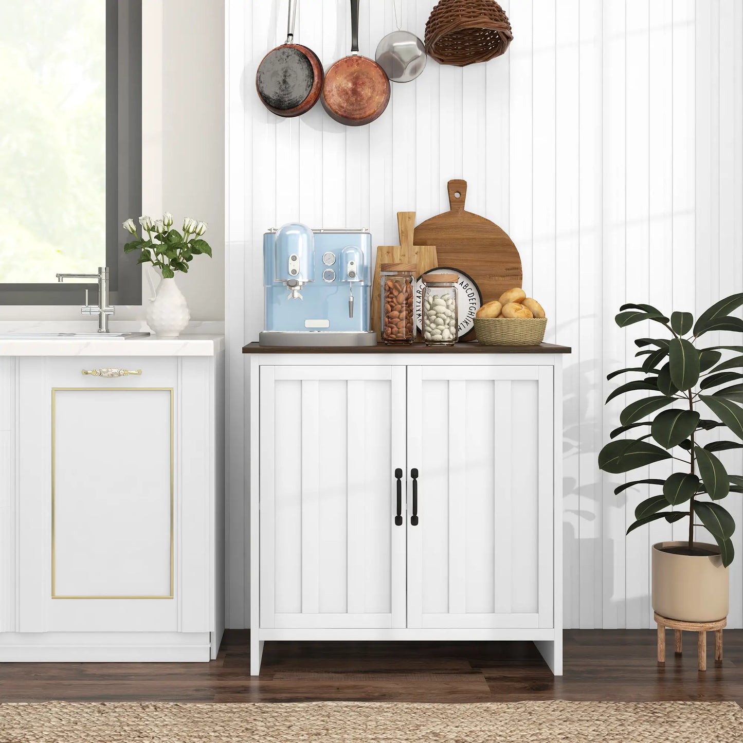 Modern Storage Cabinet with Beadboard Doors and Adjustable Shelf in White