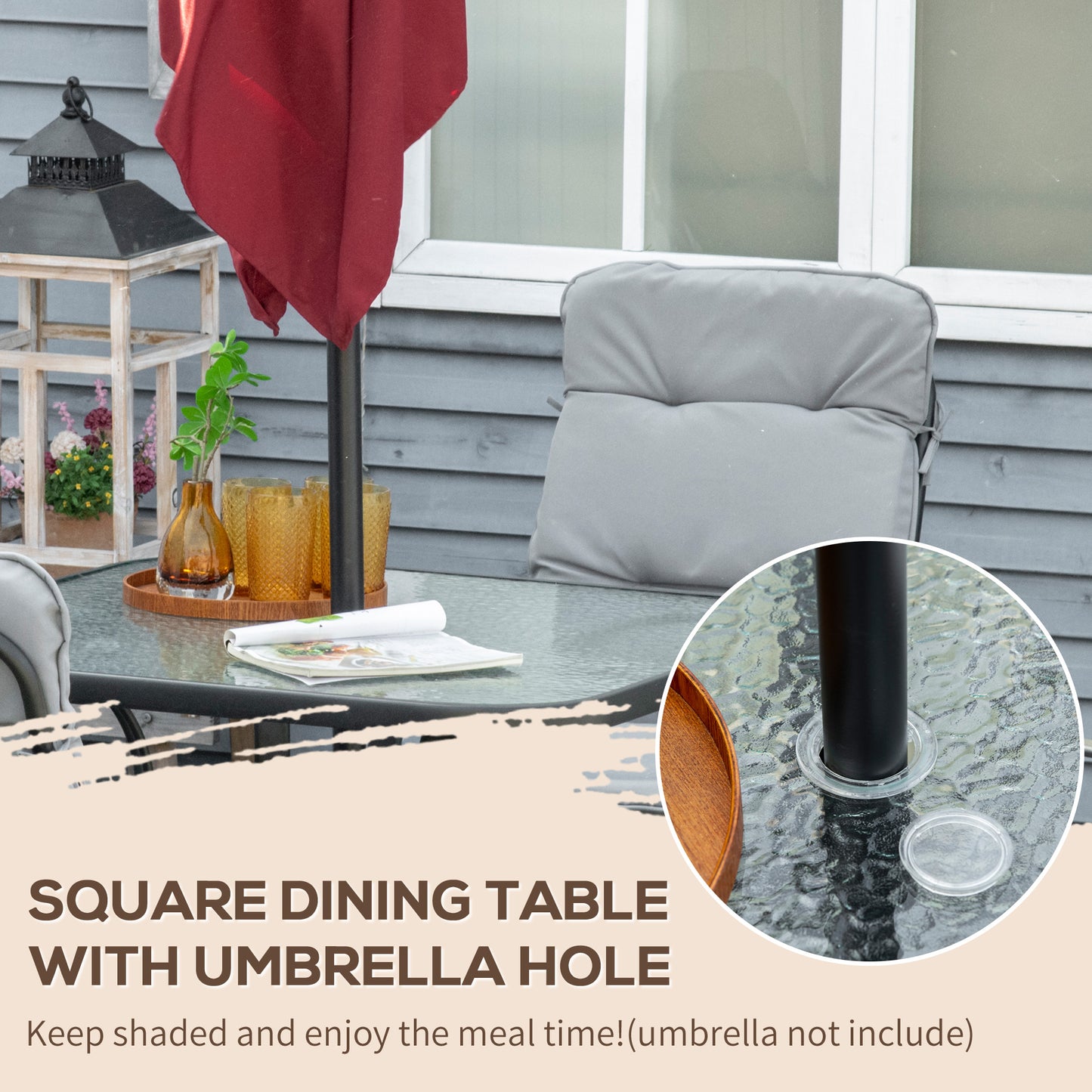 5 Piece Outdoor Square Garden Dining Set w/ Tempered Glass Dining Table 4 Cushioned Armchairs, Umbrella Hole, Grey