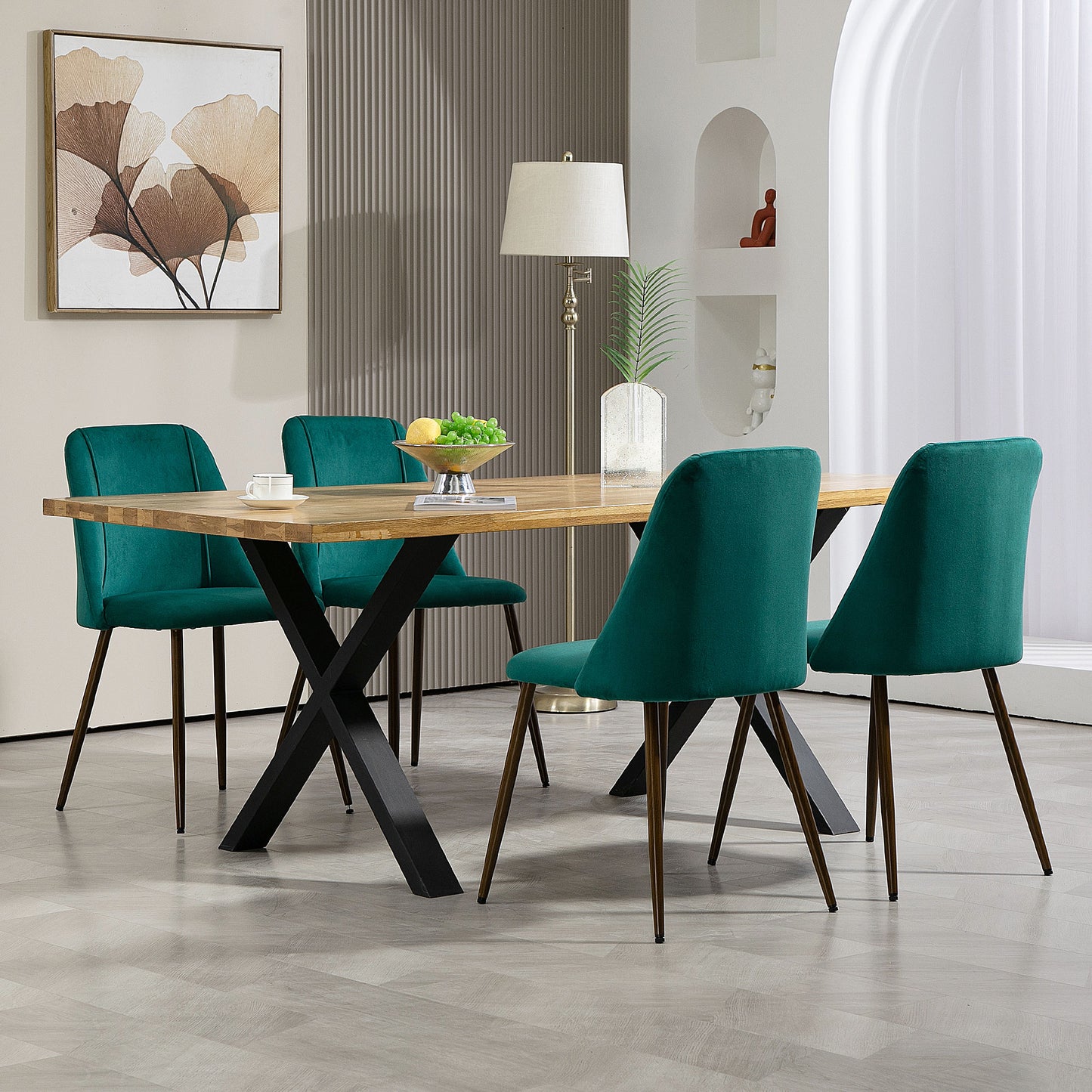 Green Velvet Upholstered Dining Chairs Set of 4, Velvet Accent Chair with Back and Wood-grain Steel Leg