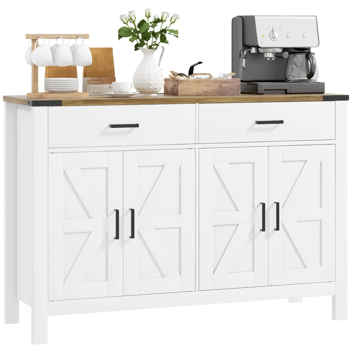 Farmhouse Buffet Cabinet Sideboard with 2 Drawers, 2 Storage Cabinets and Adjustable Shelves, White