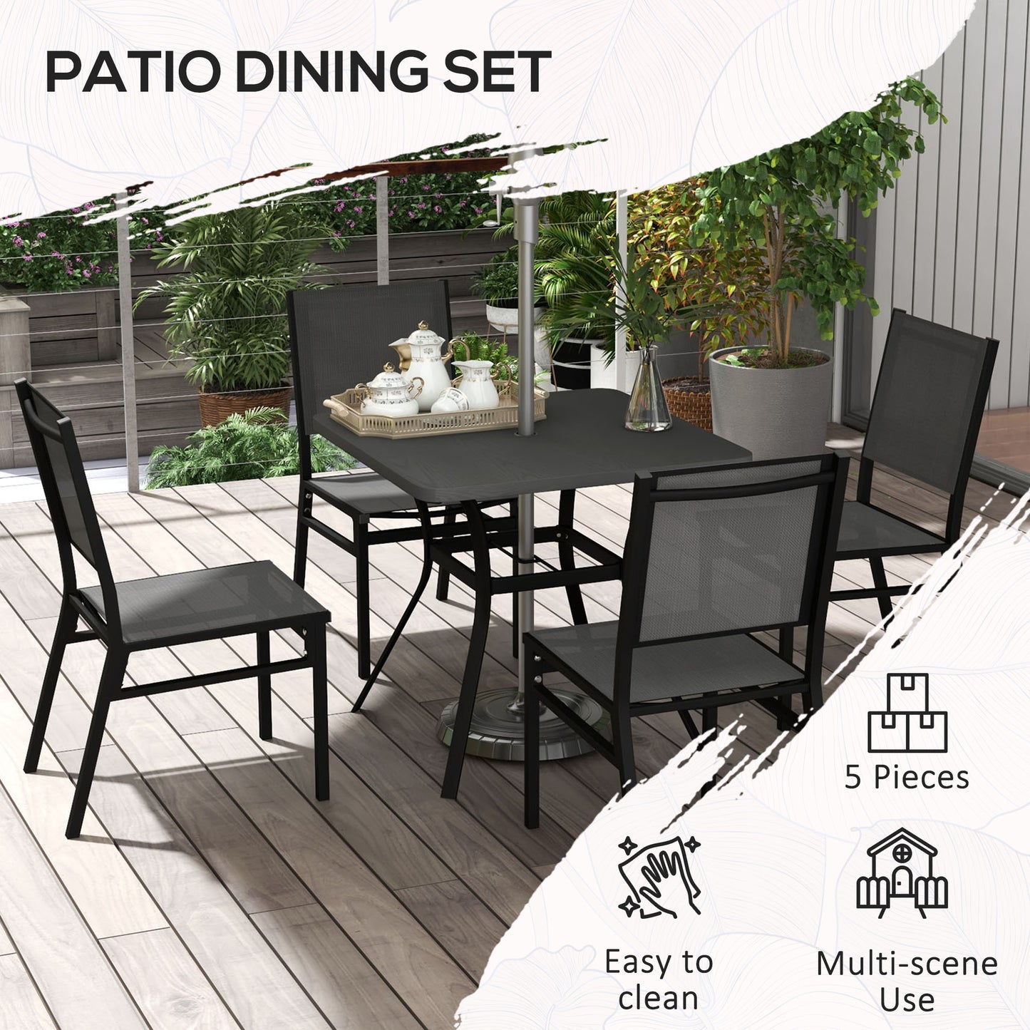 5 Pieces Outdoor Dining Set with Umbrella Hole, Patio Table and Chairs with Steel Top, Breathable Mesh Seat Back