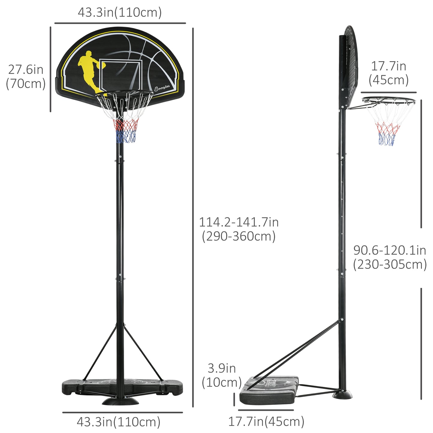 7.5-9.8 ft. Portable Basketball Hoop Basketball Goal with High Strength 43'' PE Backboard, Wheels and Weighted Base