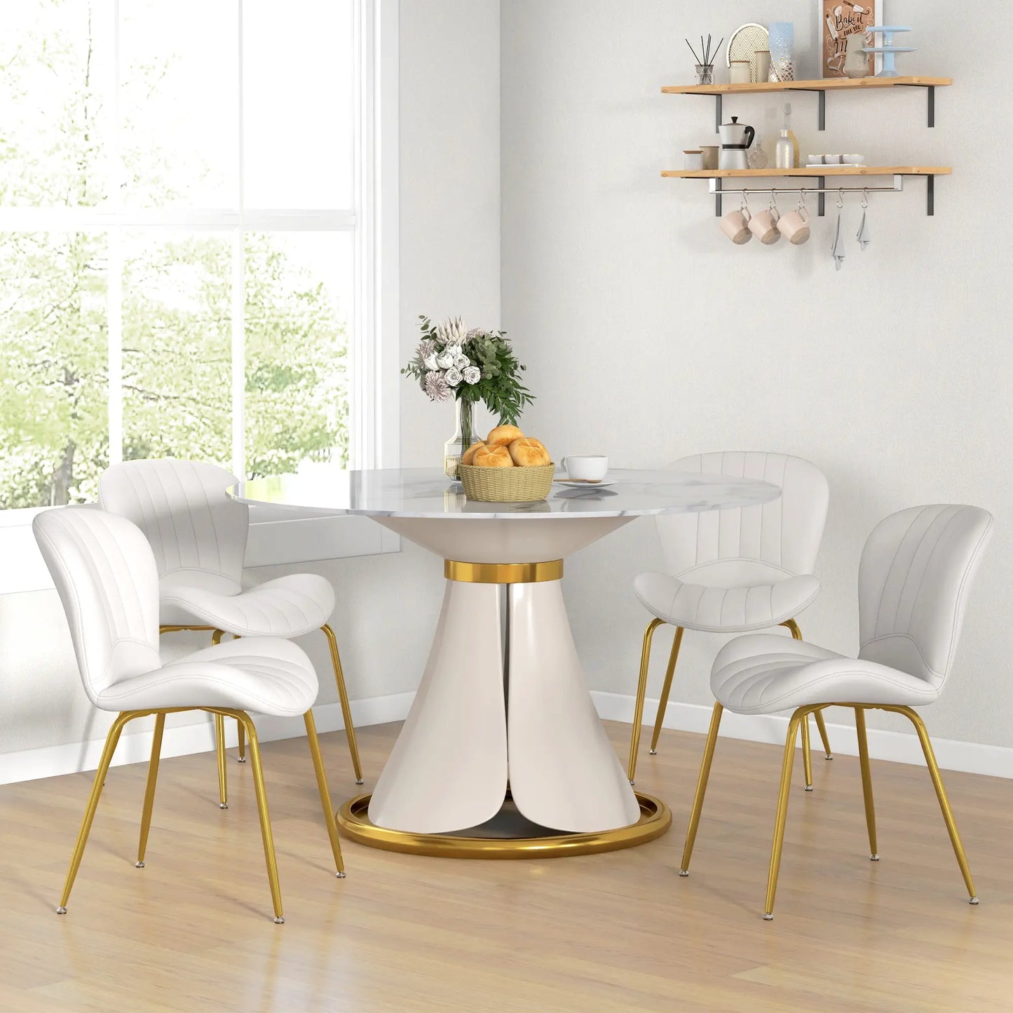 Set of 4, Modern Dining Chair with Cushioned Backrest, Upholstery for Dining Room, Cream White