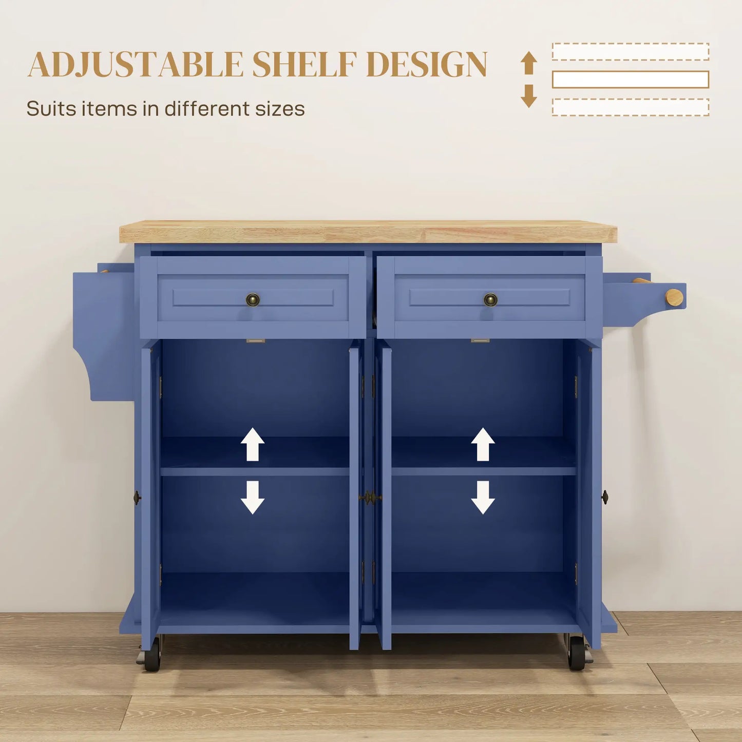 Kitchen Island with Storage, with Rubber Wood Top, Spice Rack, Towel Rack, Navy Blue