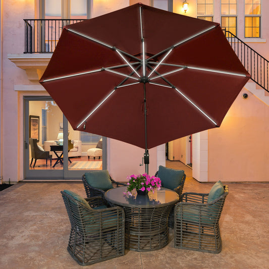 Outsunny 3m/10ft Outdoor Cantilever Sun Umbrella Solar LED Lighted Sun Shade Aluminum Market Umbrella with Adjustable Angle & 360° Rotation for Backyard, Poolside, Lawn and Garden Wine Red