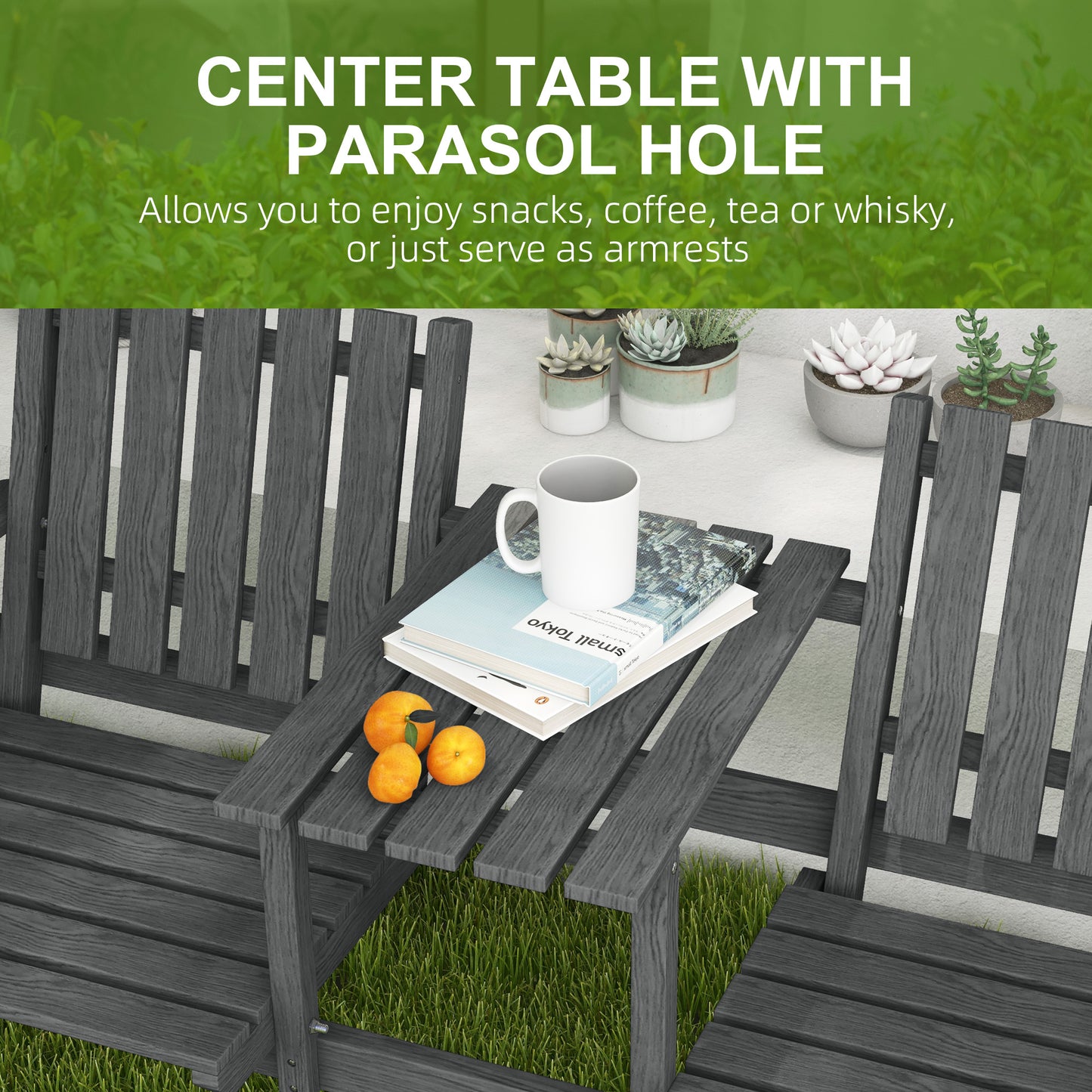 Garden Bench for 2 Persons with Middle Table and Umbrella Hole, 2-Seater Outdoor Wooden Bench with Slat Design, Grey