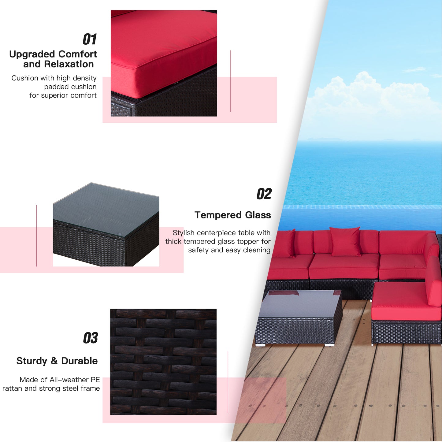 Outsunny 9pcs Outdoor Sofa Resin Wicker Sofa Set Patio Couch PE Rattan Furniture Outdoor Lounger Cushioned Seat Red