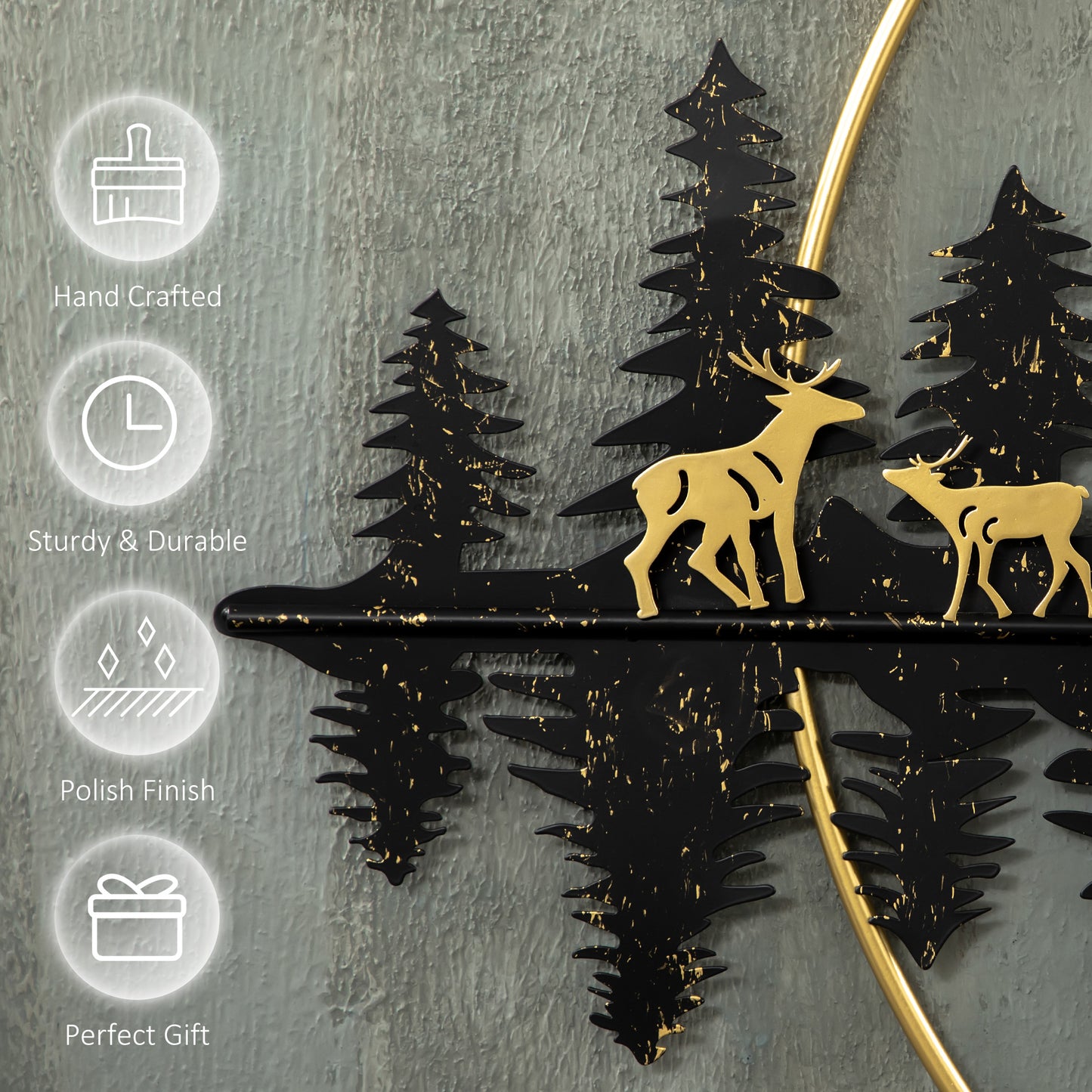 3D Metal Wall Art Modern Reindeer Forest Hanging Wall Sculptures Home Décor for Living Room Bedroom Dining Room, 47"x32"(120x80cm.), Gold Black