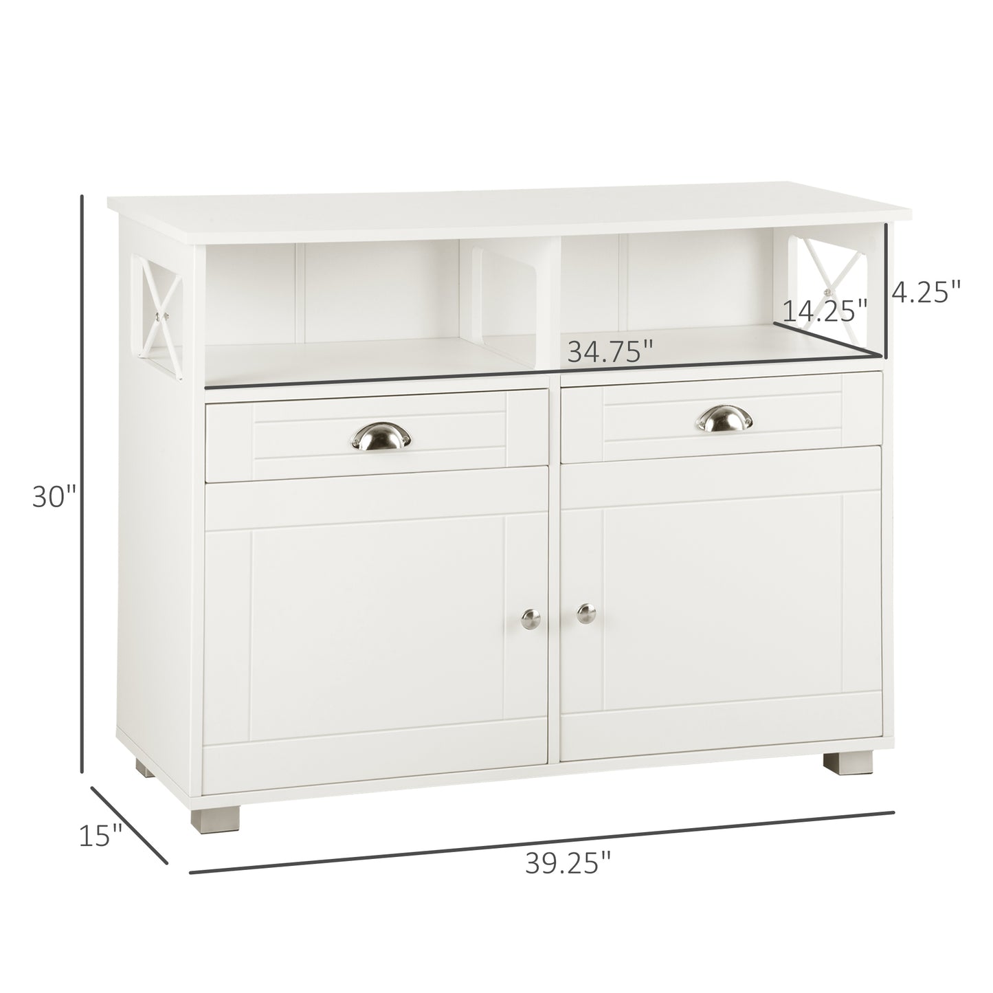 Sideboard Buffet Cabinet, Coffee Bar Cabinet, Kitchen Cabinet with Storage Drawers, Large Tabletop and Crossbar Side Design, White