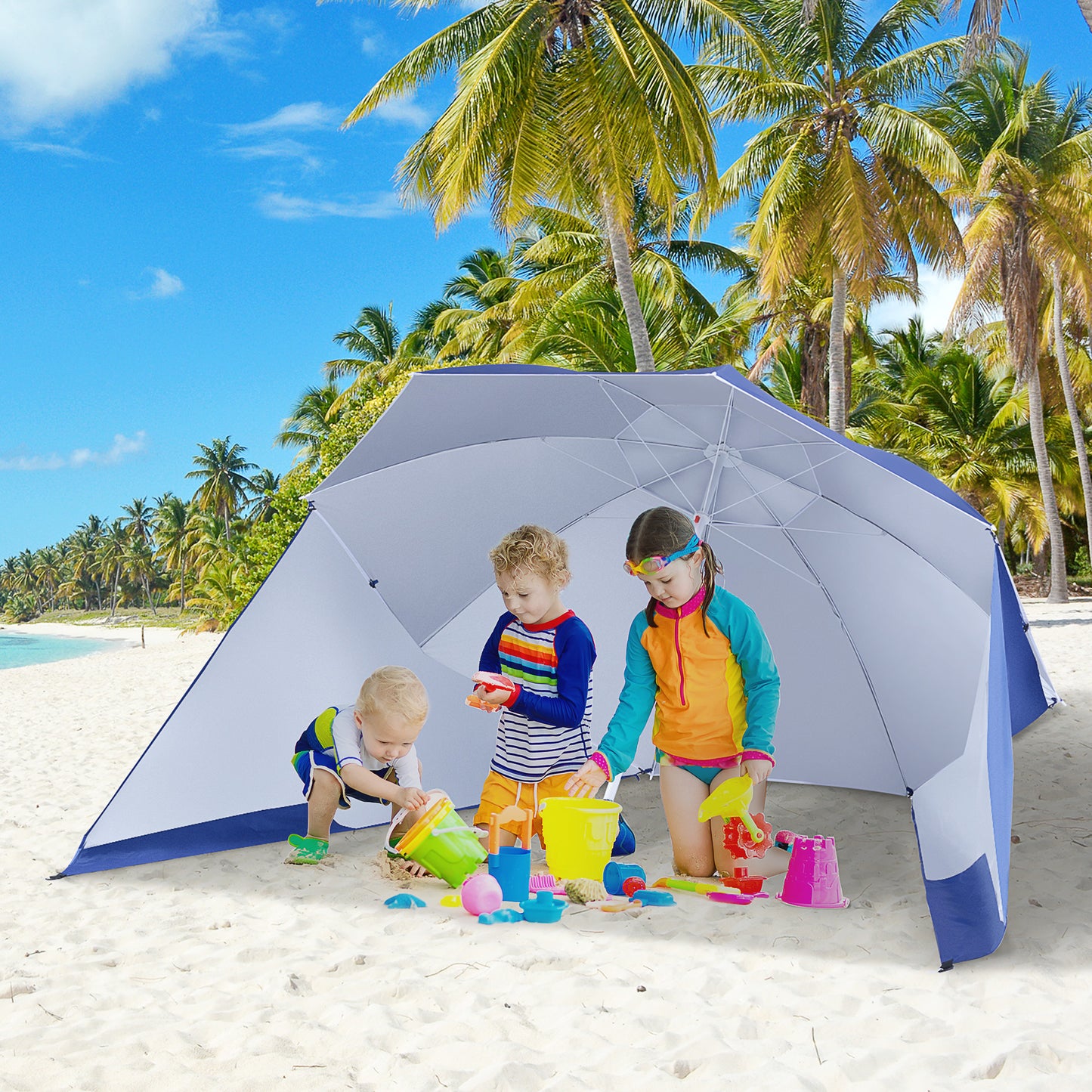 7.5ft 2-in-1 Umbrella Shelter Beach Sport Umbrella with Silver Coated UV50 Protection, Blue