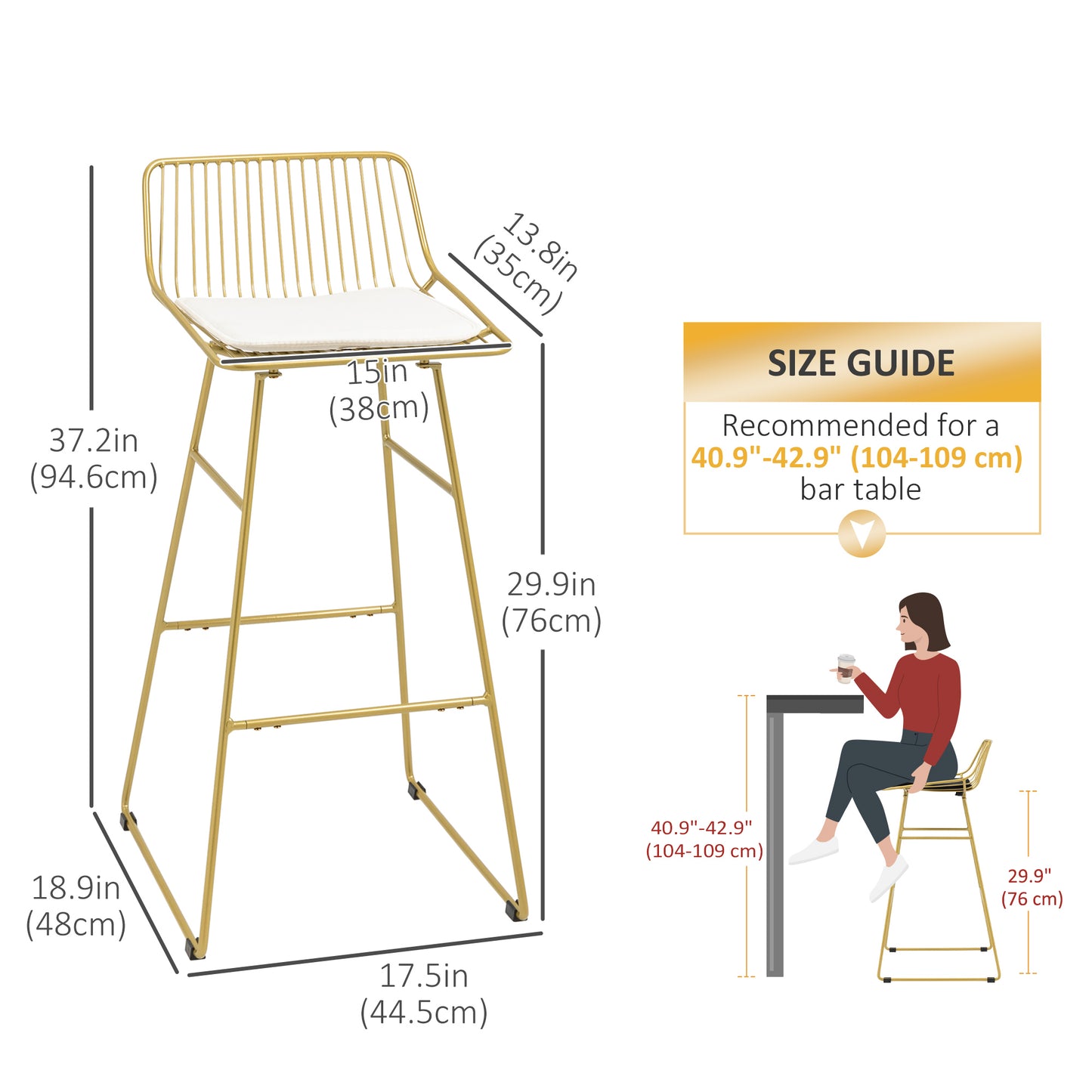 Bar Stools Set of 2, Metal Wire Bar Height Barstools, Bar Chairs for Kitchen with Removable Cushion, Back and Footrest, Gold