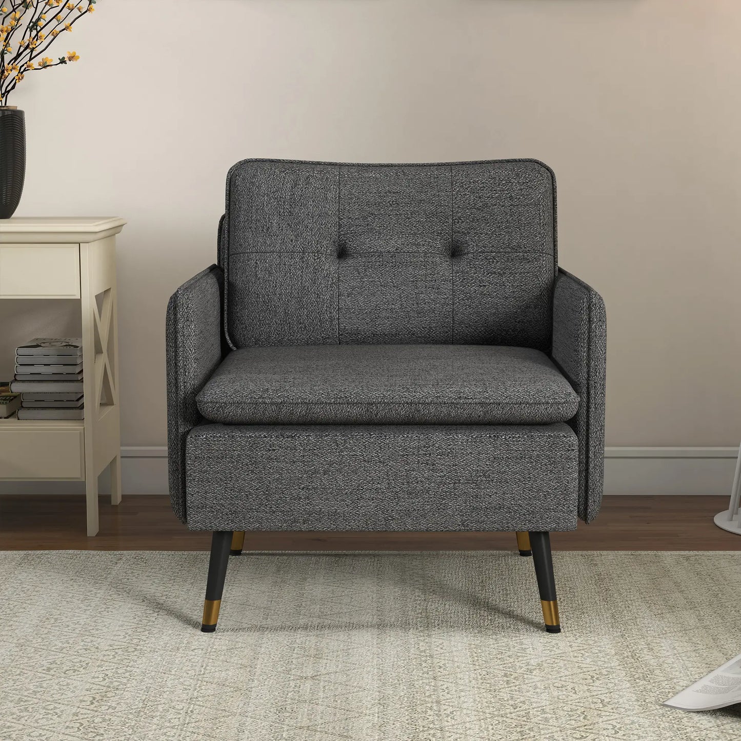 Modern Armchair, Upholstered Accent Chair with Tufted Back Cushion and Steel Legs in Dark Grey