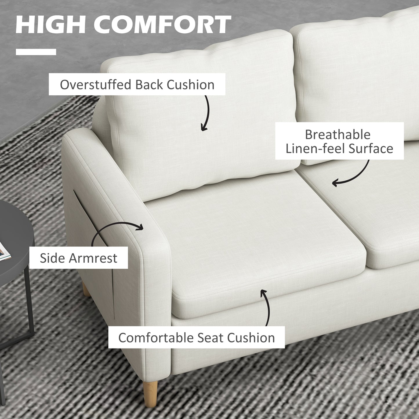 56" 2 Seat Sofa, Modern Love Seats , Upholstered  with Side Pockets, Solid Steel Frame, White