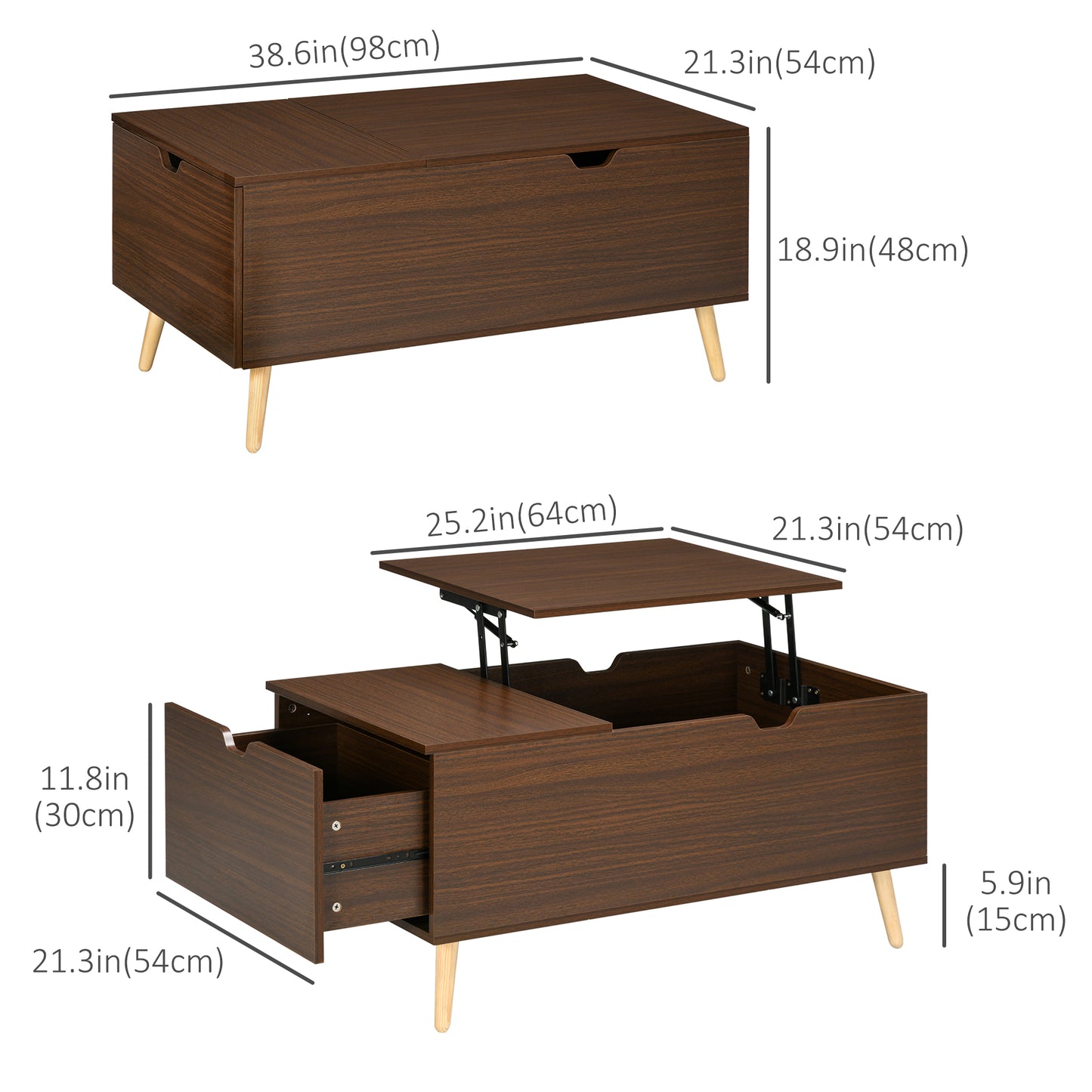 Coffee Table with Wood Legs, Lift Top Coffee Table with Drawer, Hidden Compartment, 38.6" x 21.3" x 18.9", Brown