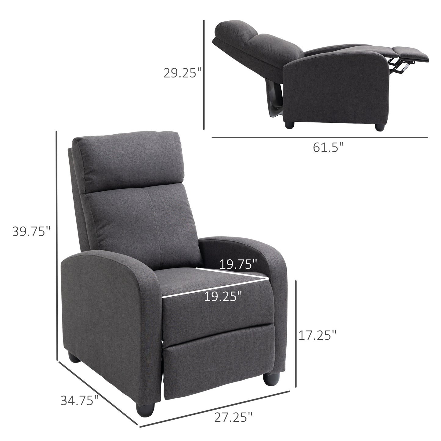 Fabric Recliner Chair Manual Home Theater Seating Single Reclining Sofa Chair with Padded Seat for Living Room, Dark Grey