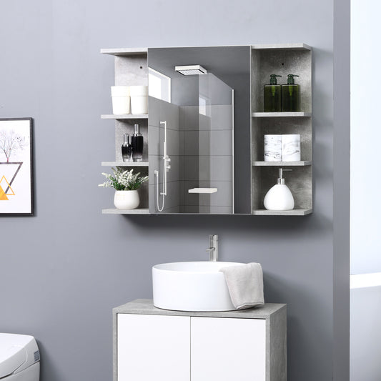 kleankin Medicine Cabinet with Mirror, Cement-Like Contemporary Bathroom Wall Cabinet with 6 Open Shelves, Grey