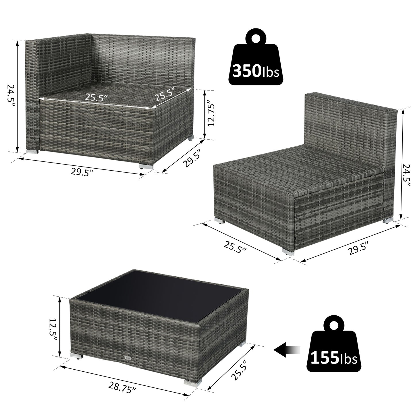 7pc Garden Wicker Sectional Set w/ Tea Table Patio Rattan Lounge Sofa with Cushion, Dark Grey