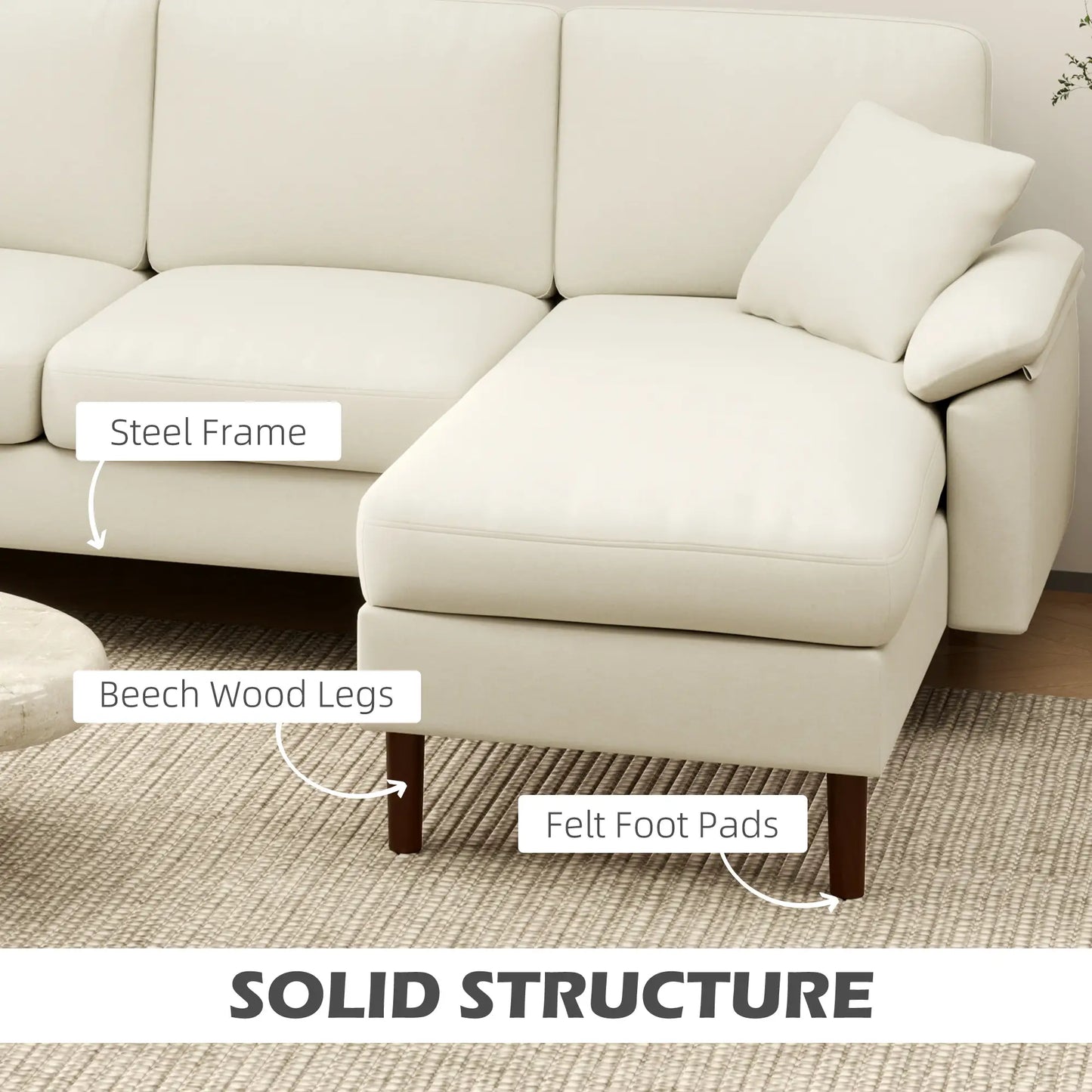 Modern Sectional Couch with Changeable Chaise Lounge, Pillows and Wooden Legs for Living Room, Cream White