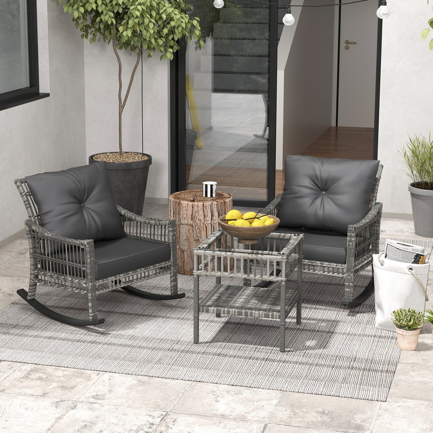 3 Pieces Outdoor PE Rattan Rocker Chair Set, Rocking Chair with Tempered Glass Table Top,25"x26"x28", Mixed Grey