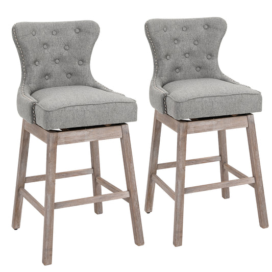 Bar Height Bar Stools Set of 2, 180° Swivel Kitchen Stools, Upholstered Nailhead-Trim Bar Chair, 30" Seat Height with Rubber Wood Legs, Grey