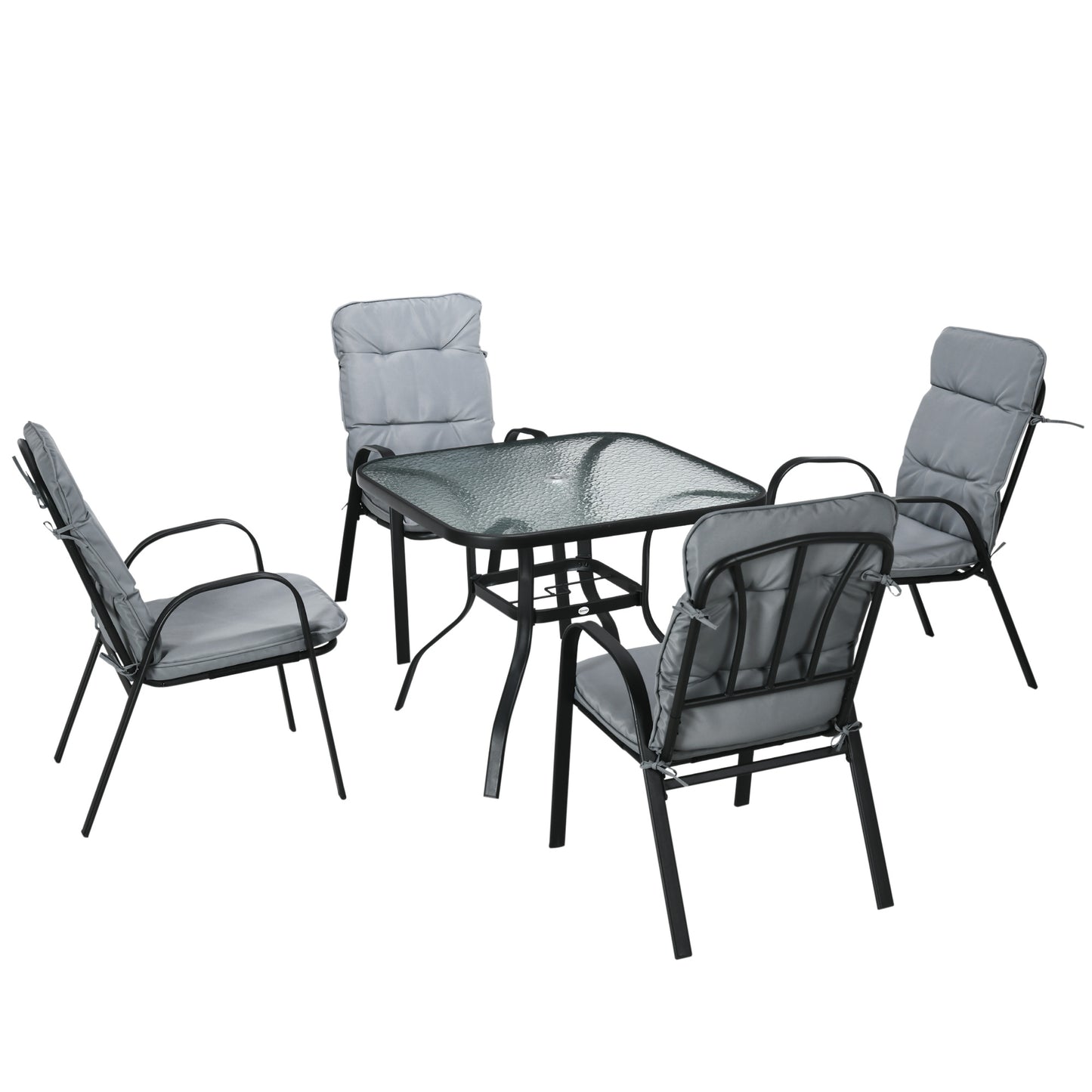 5 Piece Outdoor Square Garden Dining Set w/ Tempered Glass Dining Table 4 Cushioned Armchairs, Umbrella Hole, Grey