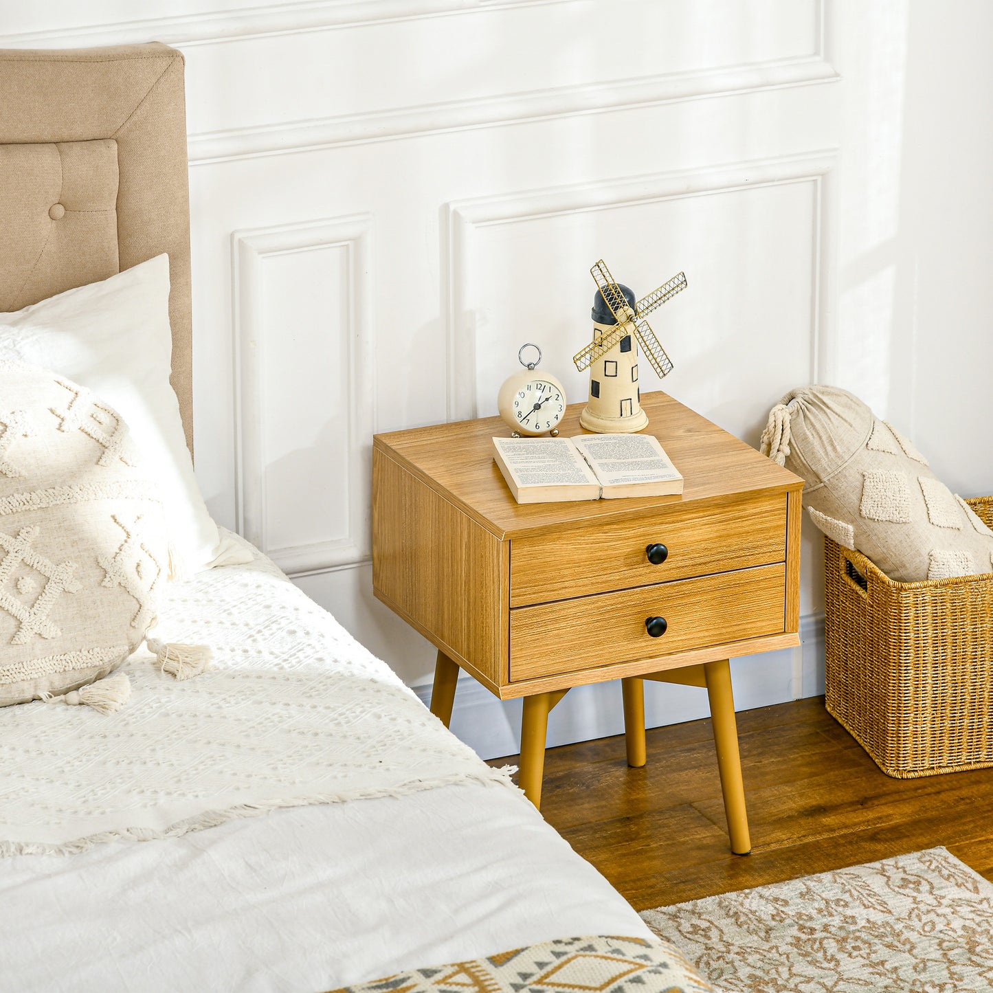 Mid-Century Bedside Table, Side End Table with 2 Drawers for Bedroom ( IN SET OF 2)