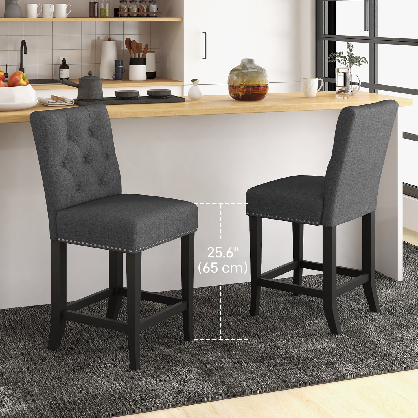 Dark Grey Fabric Bar Stool Set of 2, Seat Height  25.6", with Tufted Back & Wood Legs