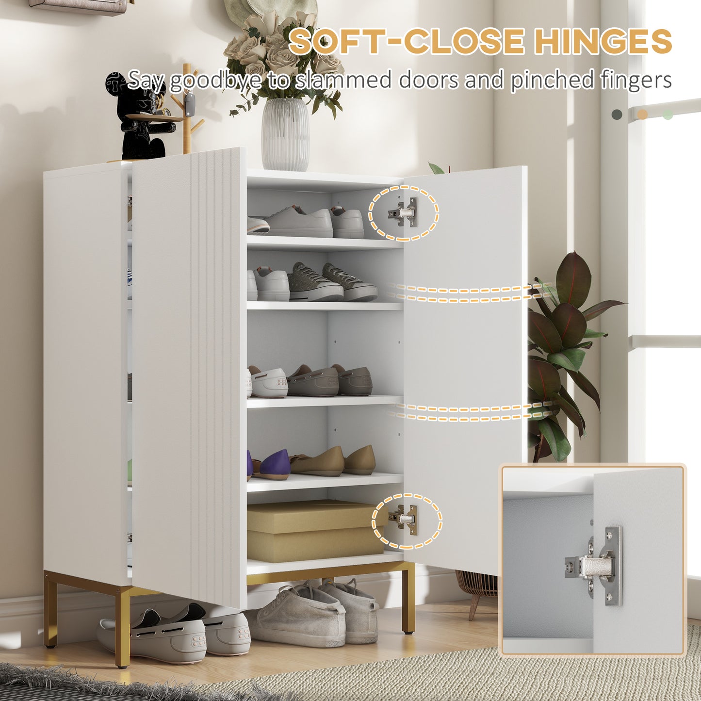 Narrow Shoe Storage Cabinet with Adjustable Shelves and Soft-Close Hinges, for 15-20 Pairs of Shoes, White