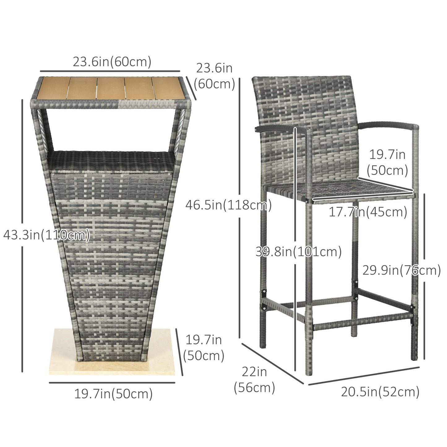 3 Pieces Patio Bar Set, Wicker Bistro Set, PE Rattan Bar Table and Chairs with Soft Padded Cushions, Storage Shelf, Wood Grain Plastic Top, Mixed Gray