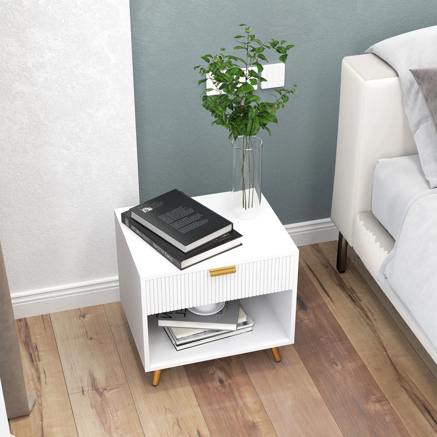 Nightstand with Fluted Panel, Bedside Table with Drawer and Open Compartment in White