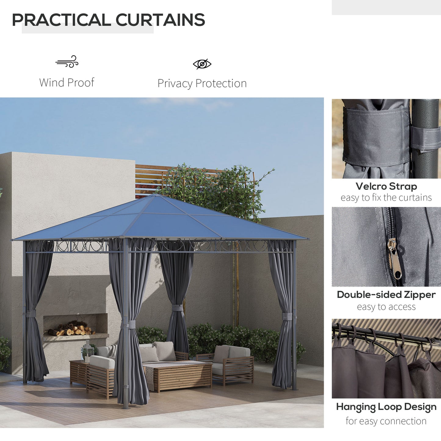 10' x 10' Polycarbonate Hardtop Gazebo Canopy Outdoor Patio Gazebo with Aluminum Frame & Curtains, Dark Grey