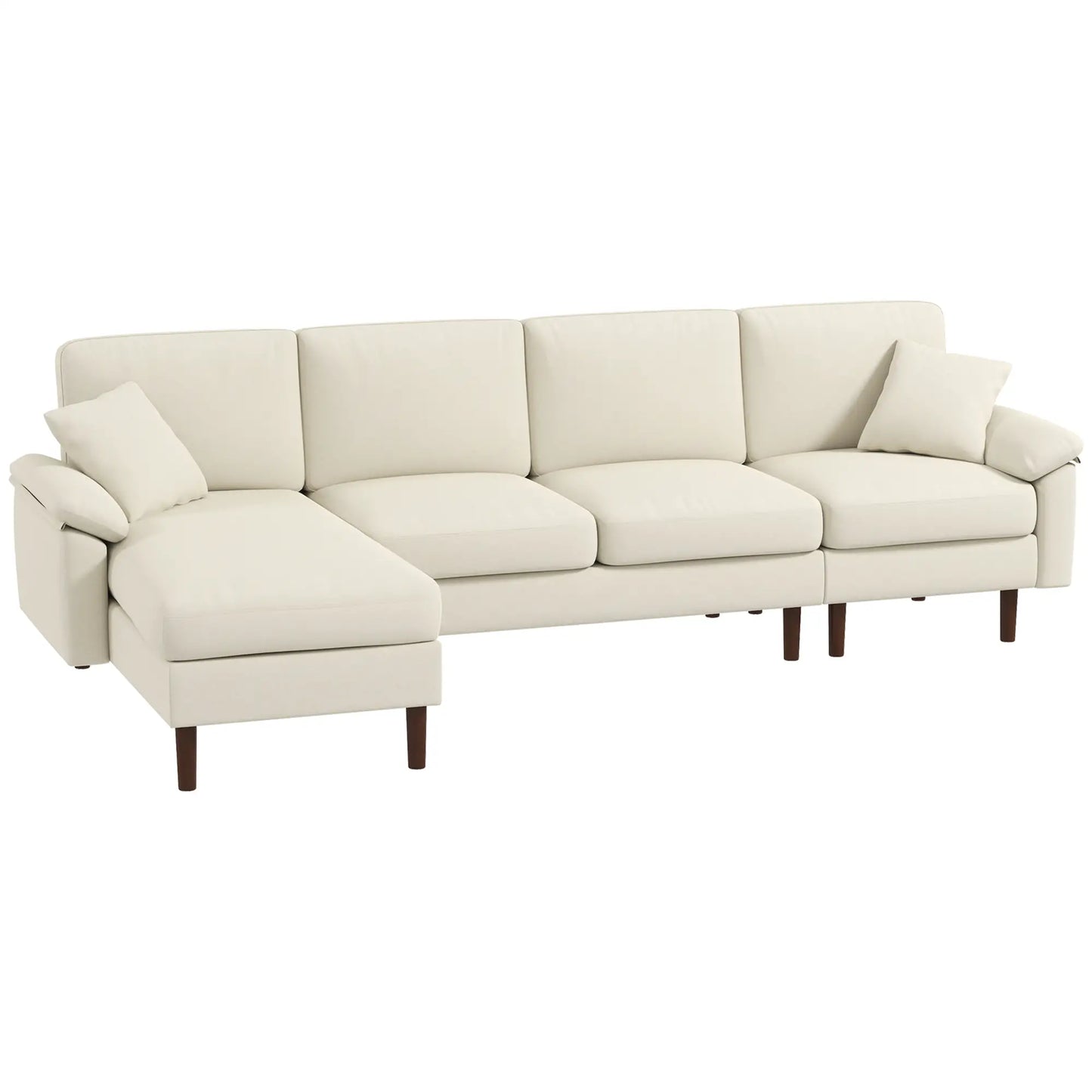 Modern Sectional Couch with Changeable Chaise Lounge, Pillows and Wooden Legs for Living Room, Cream White