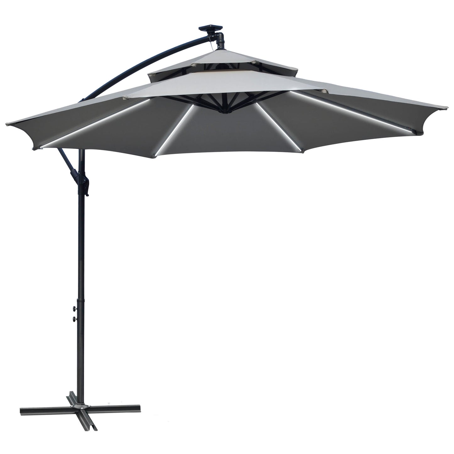 10FT Cantilever Patio Umbrella with Lights Solar Powered Offset Umbrella with Crank and Cross Base for Deck Light Grey