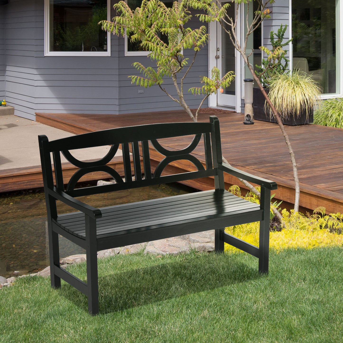 Outsunny 2-Seater Wooden Garden Bench 4FT Outdoor Patio Loveseat for Yard, Lawn, Porch, Black