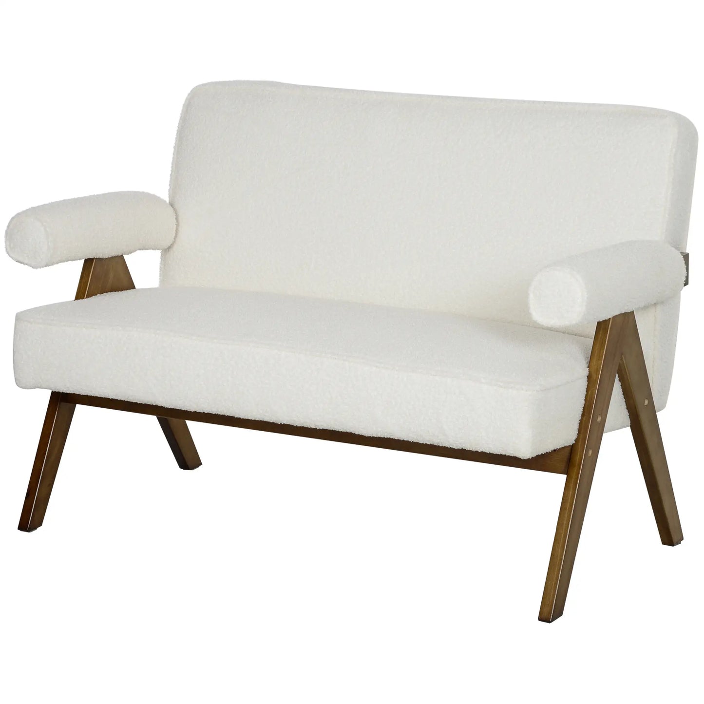 Boucle Fabric 2 Seater Sofa with Thick Padding and Wood Legs, Cream White