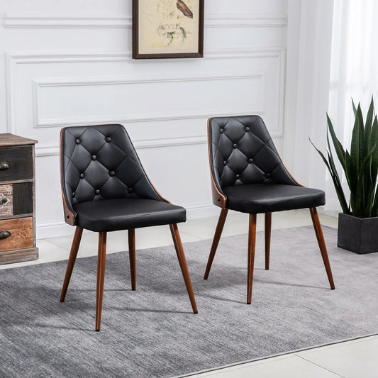 Dining Chairs Set of 2, Tufted, PU Leather Upholstered Seats and Steel Legs, Black