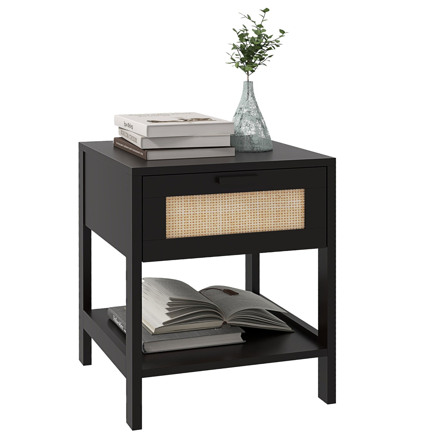 Modern Bedside Table, Accent Nightstand with Drawer and Open Shelf, Bed End Table for Bedroom, Living Room, Black