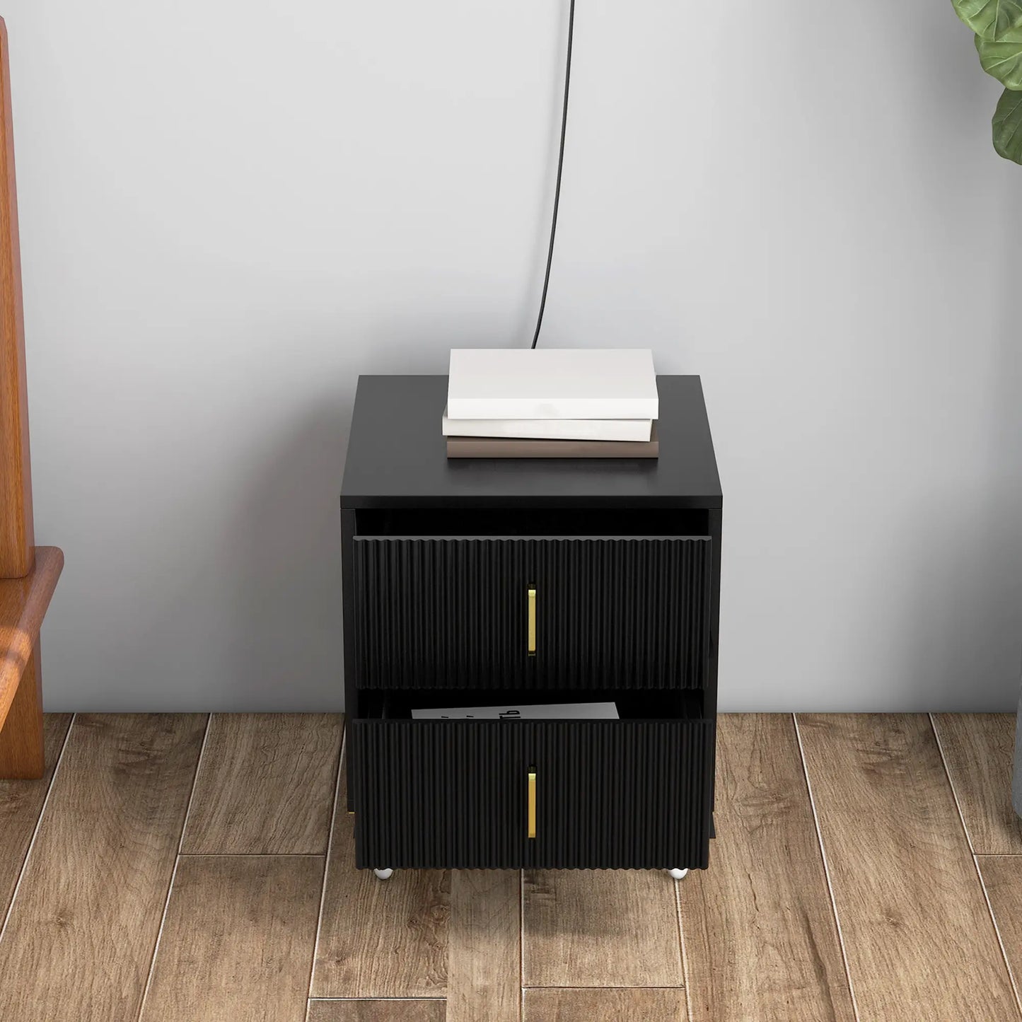 Modern Nightstand or End Table with 2 Drawers, Side End Table with Metal Legs for Living Room or Bedroom, Black