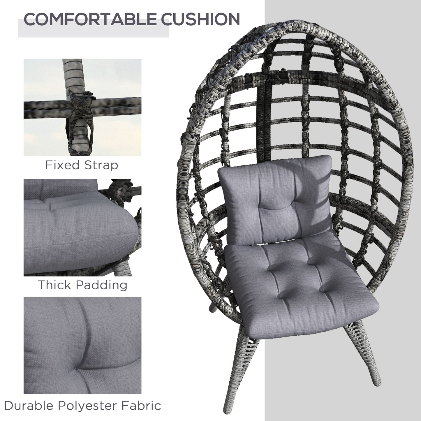 Outsunny Outdoor Egg Chair with Soft Cushion, Patio PE Rattan Wicker Balcony Chair with Height Adjustable Knob, 352lbs Capacity, for Backyard, Garden, Balcony, Lawn, Light Grey