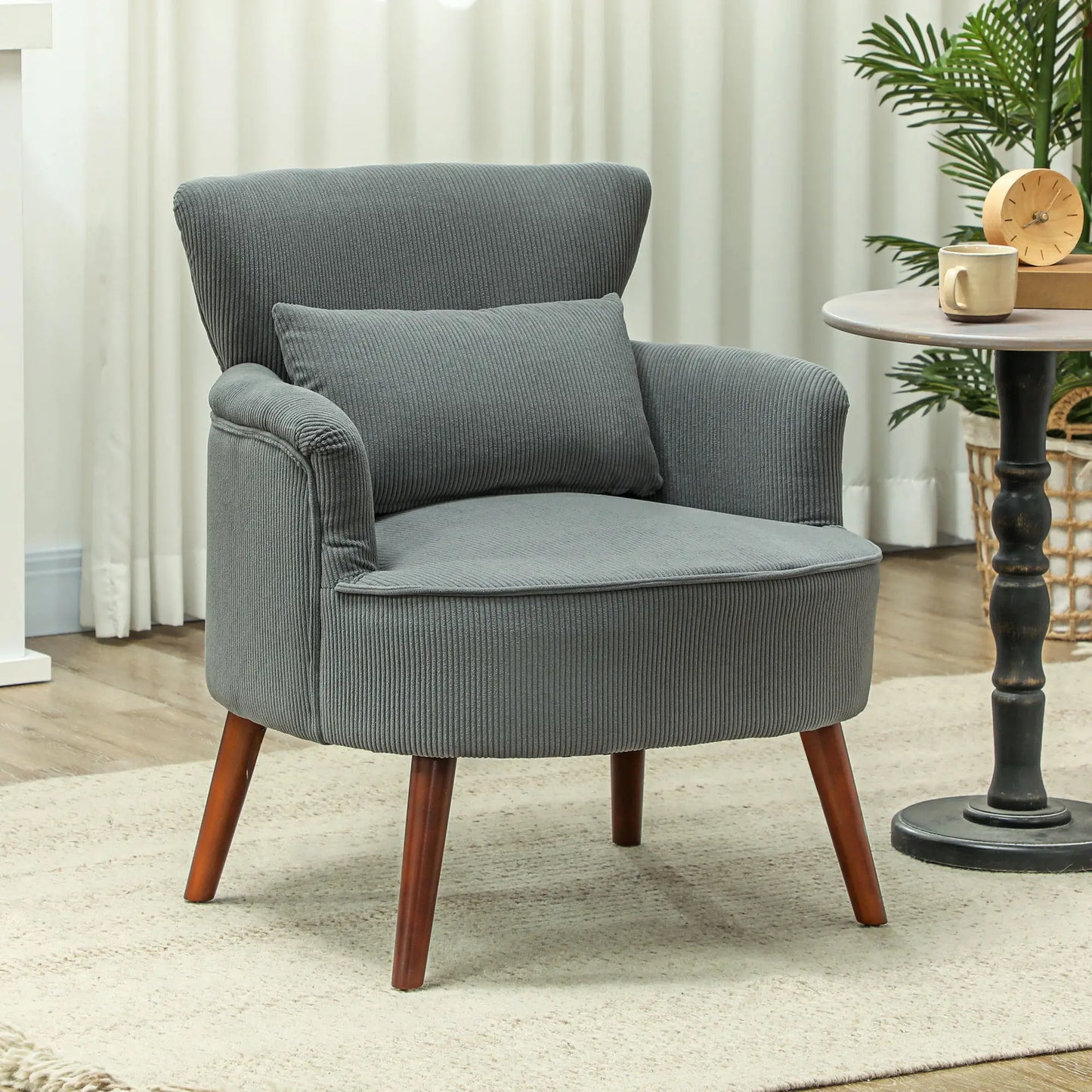 Modern Accent Chair with Solid Wood Legs and Lumbar Pillow for, Grey