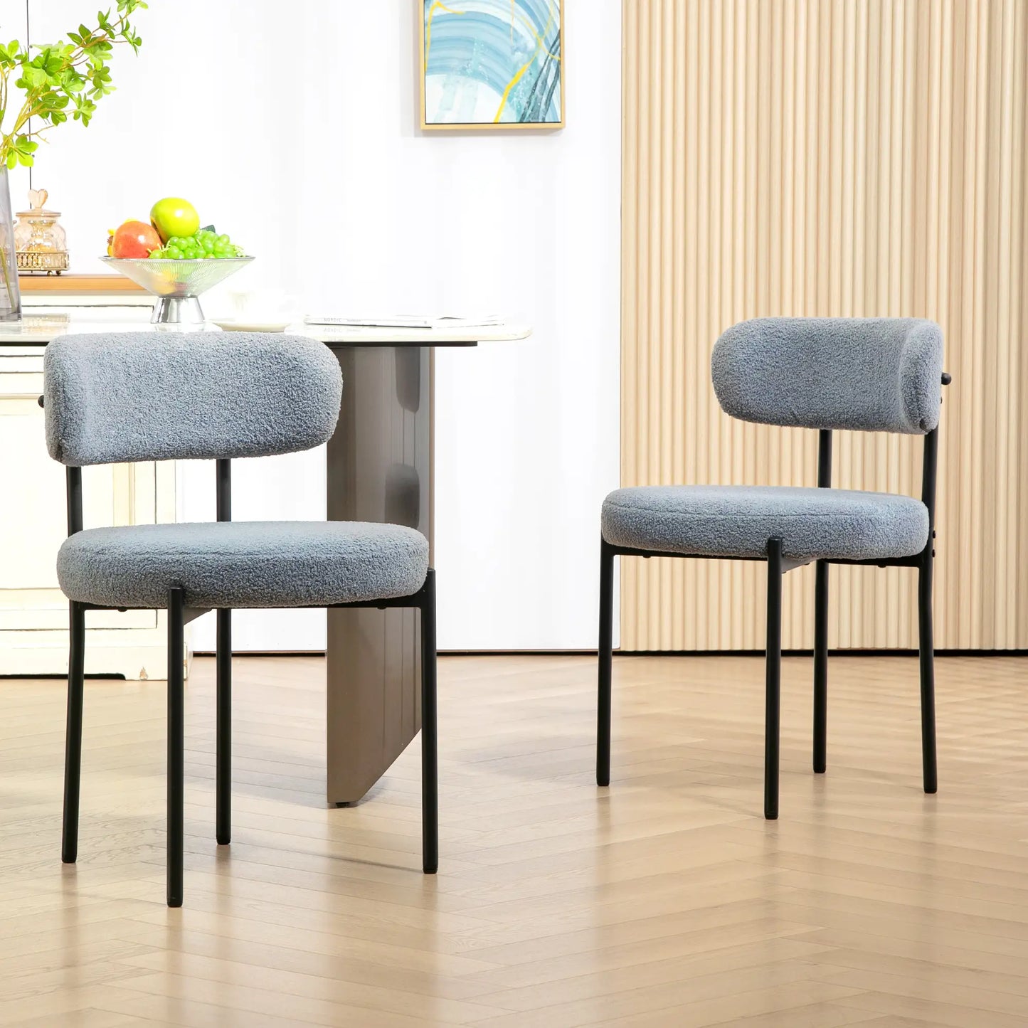 SET OF 2 Modern Dining Chairs w/ Berber Fleece Upholstery and Steel Legs , Grey