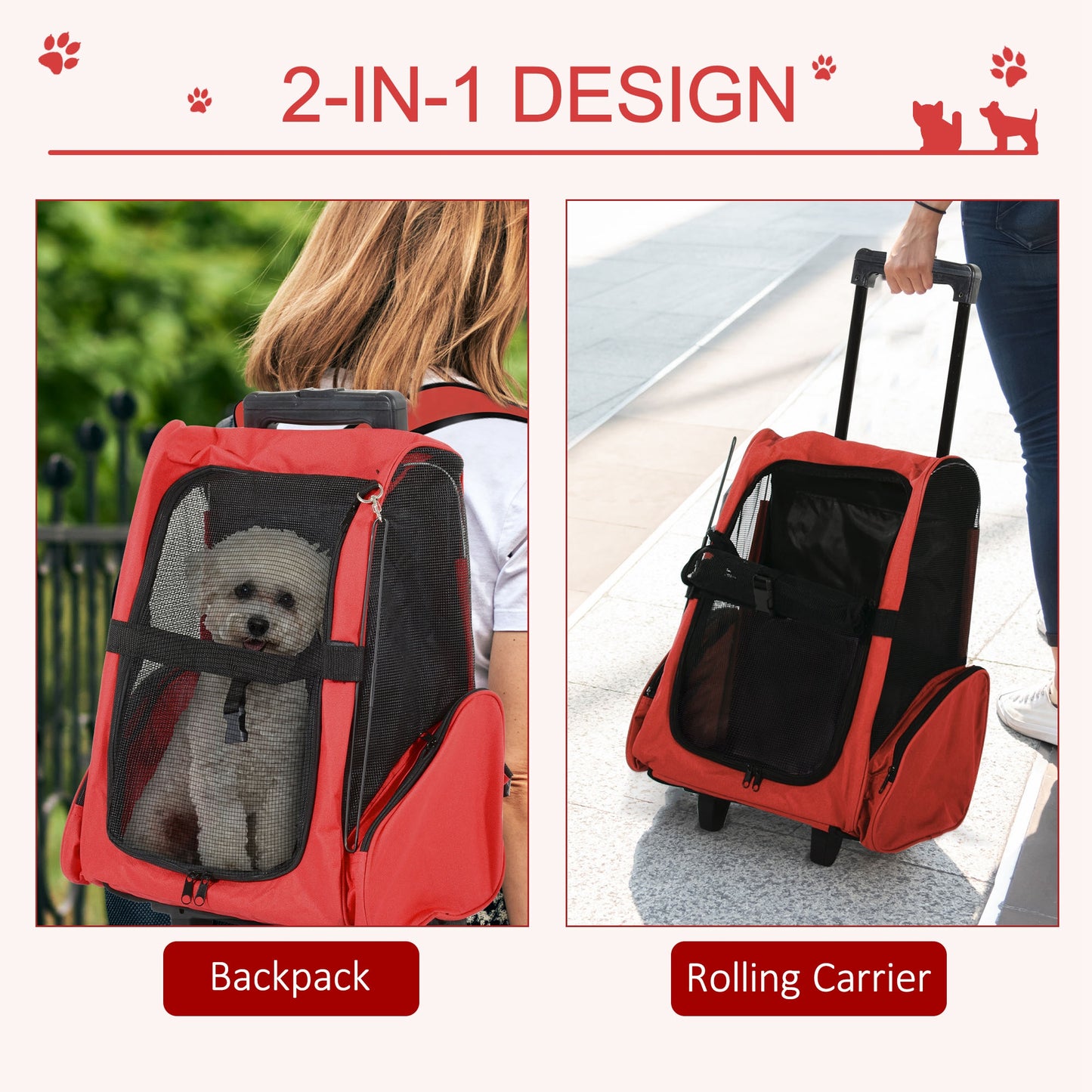 4-IN-1 Pet Luggage Box Carrier Cat Dog Backpack Crate Rolling Wheel w/ Removable Stand Red