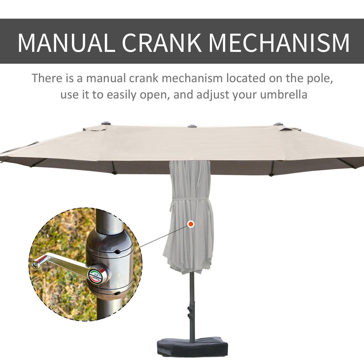 15' Outdoor Patio Umbrella with Twin Canopy Sunshade Steel Table Umbrella w/ Lift Crank, Cross base, Sandbag, Brown