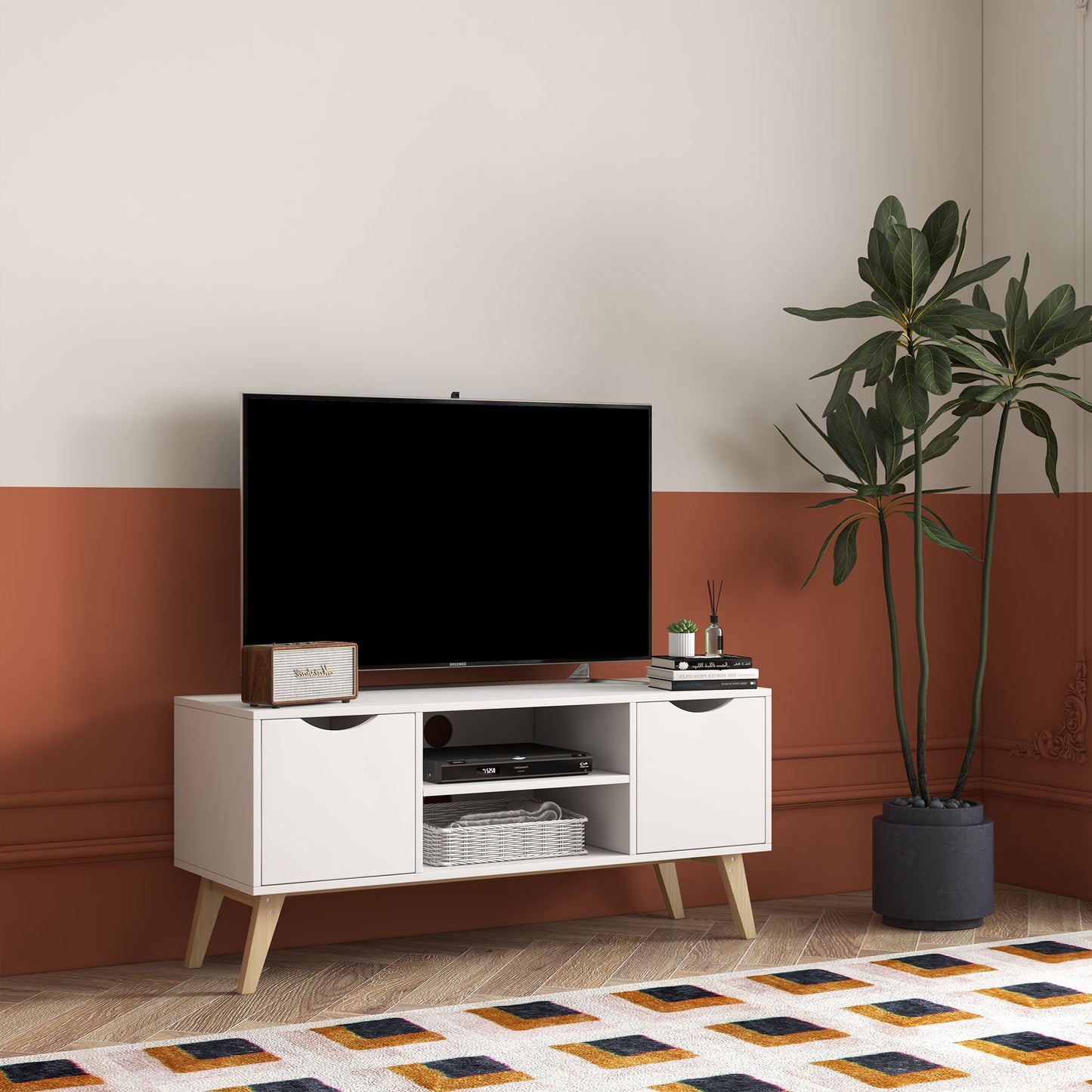 TV Stand with 2 Storage Cabinet Stand for TV's up to 50" in White