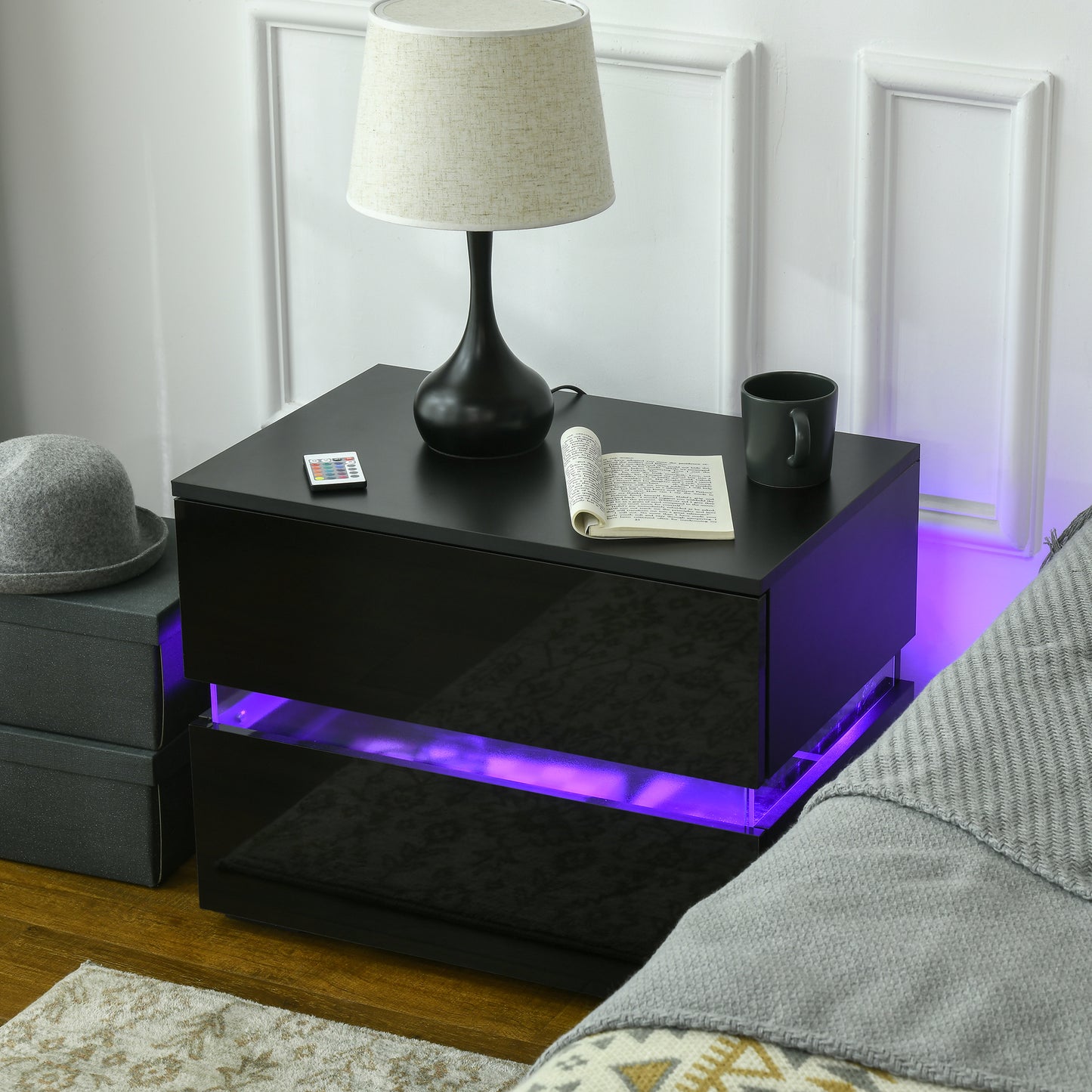 Modern Nightstand, Bedside Table with 2 High Gloss Drawers, USB Powered RGB LED Lights, Remote , Black