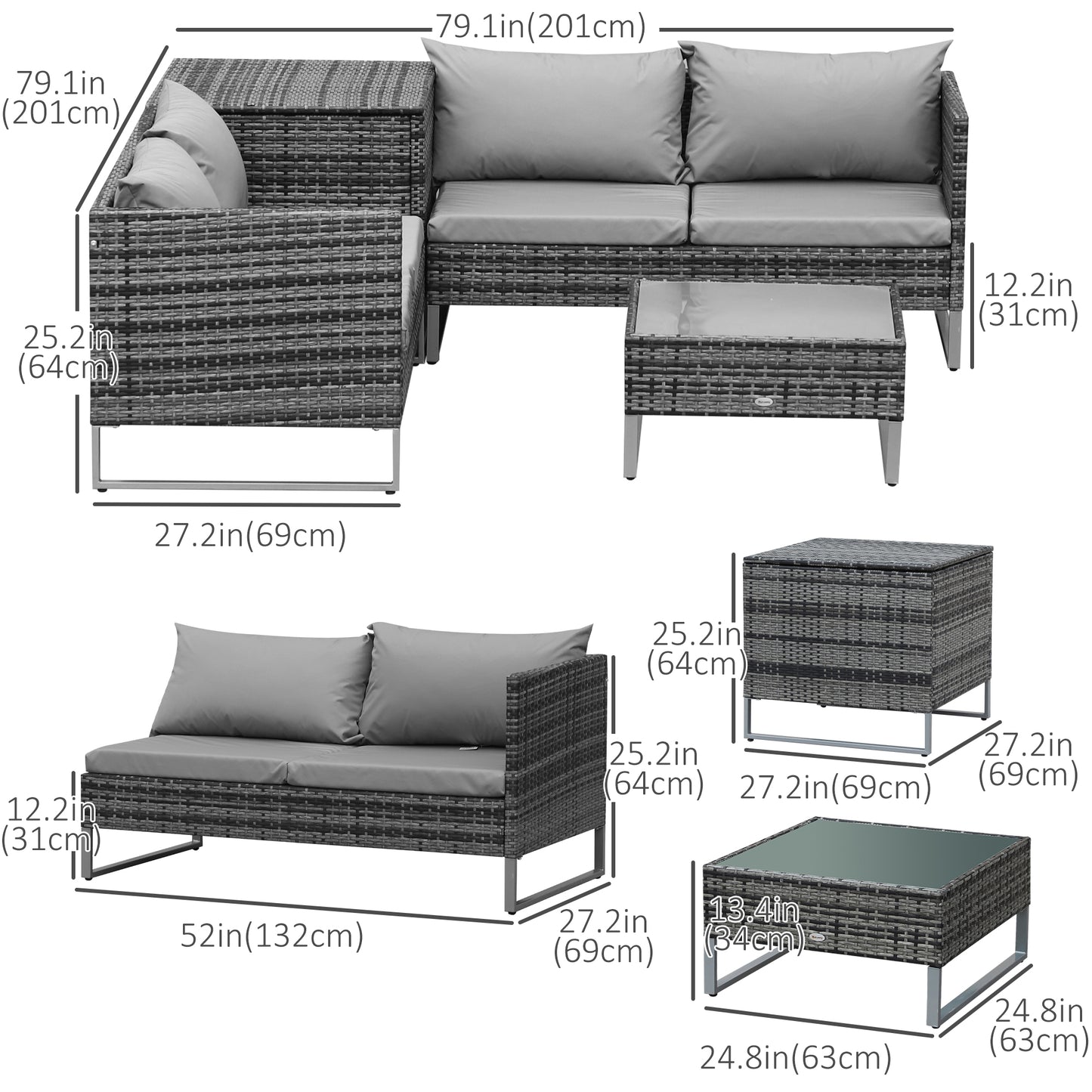 4 Piece Patio Furniture Set with Coffee Table and Corner Table for Backyard, Porch, Poolside, Balcony, Garden