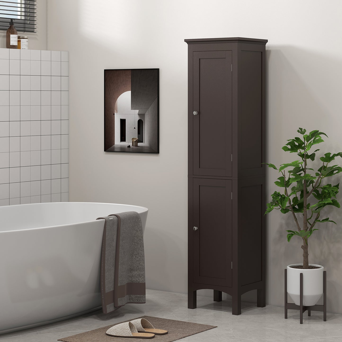 Tall Bathroom Cabinet, Freestanding Storage Organizer with Adjustable Shelves and Cupboards, 15" x 13" x 63", Dark Brown